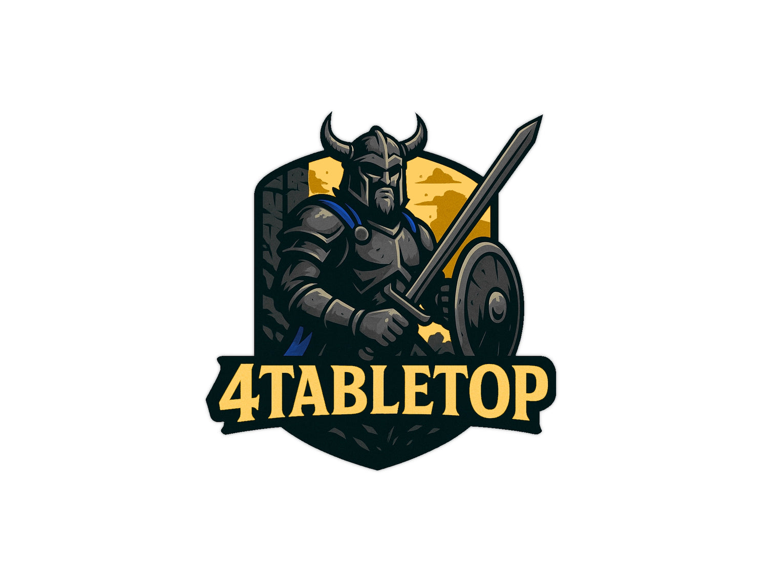 Logo für 4Tabletop mit einem stilisierten mittelalterlichen Krieger in Rüstung, Helm mit Hörnern, Schwert und Schild