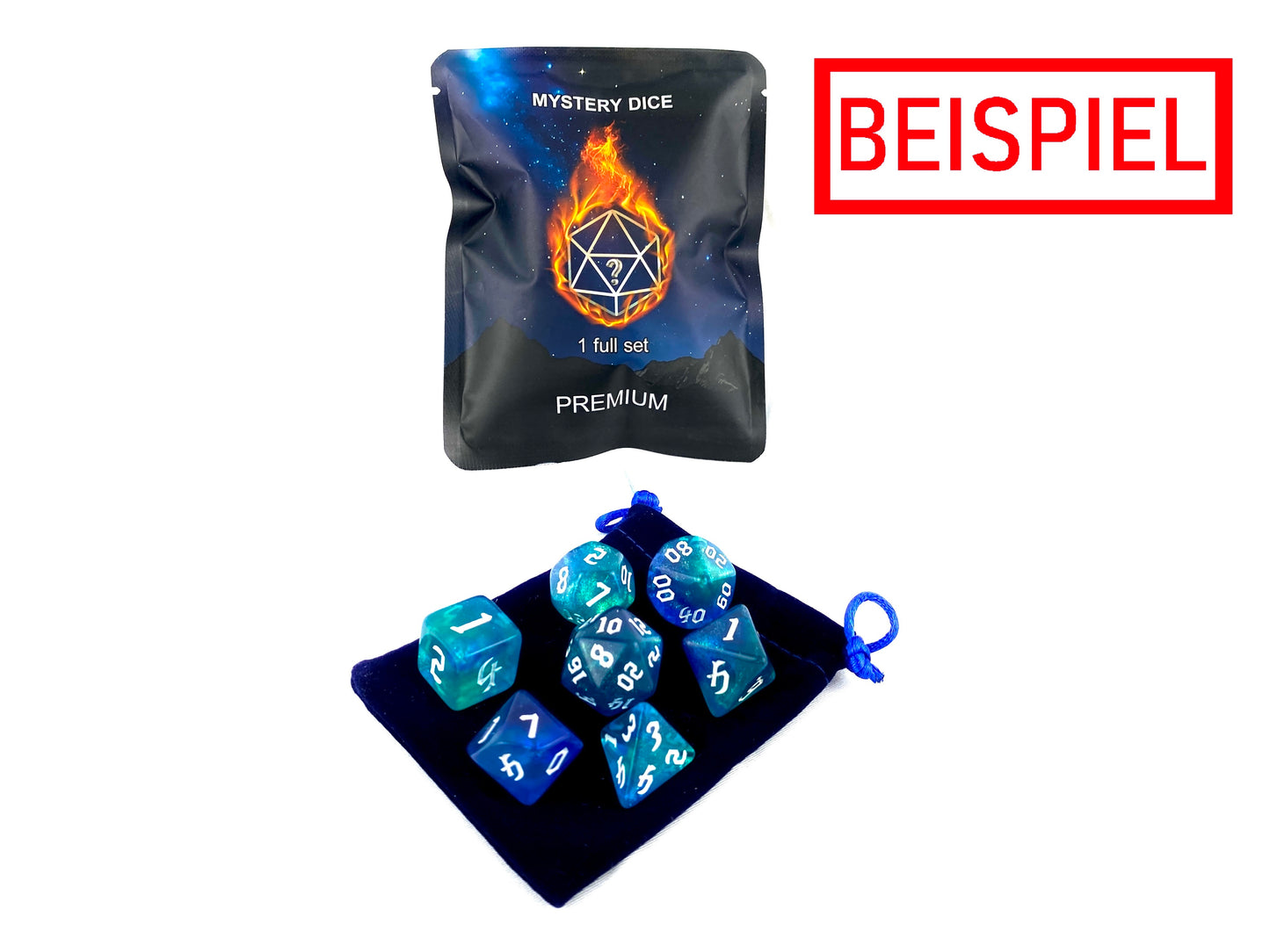 Mystery Dice Pack geöffnet – Beispielinhalt mit blauen Würfeln