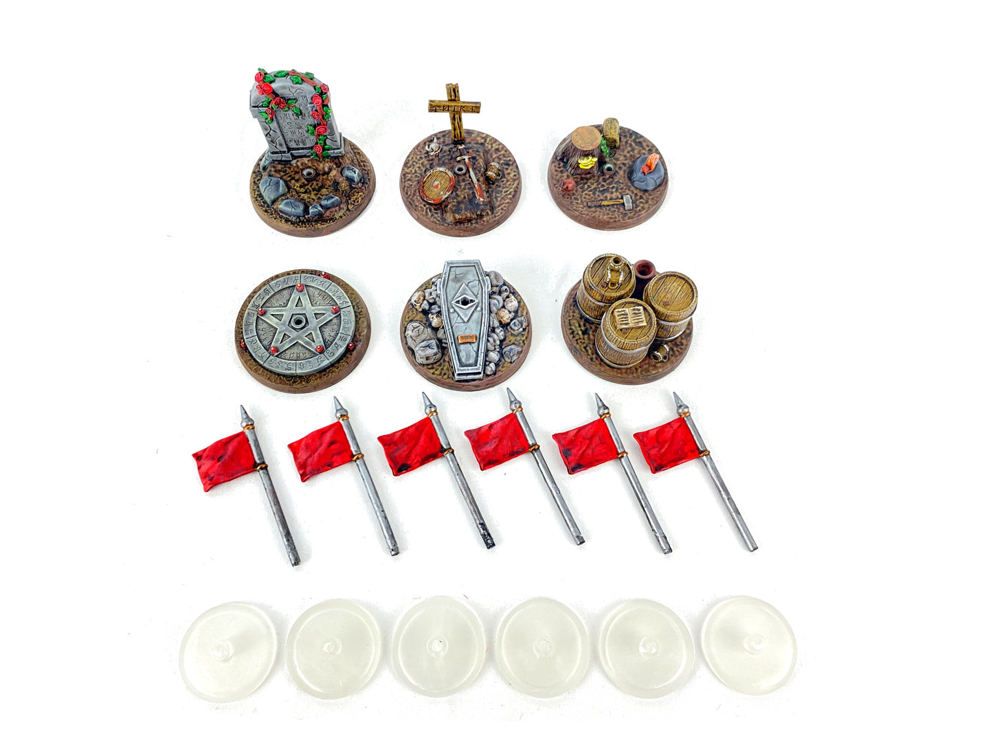 Set aus 6 Fantasy-Missionszielen, 6 Fahnen, 6 transparenten Haltern, bemalt