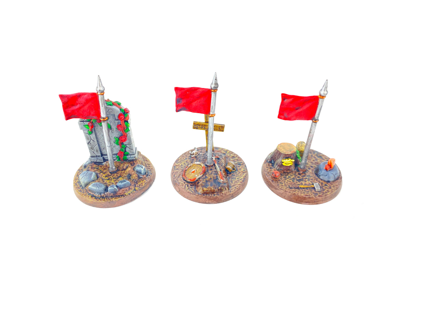 Fantasy Fahnen im Set, bemalt, als taktische Marker auf Miniaturenspiel-Feldern, 28 mm