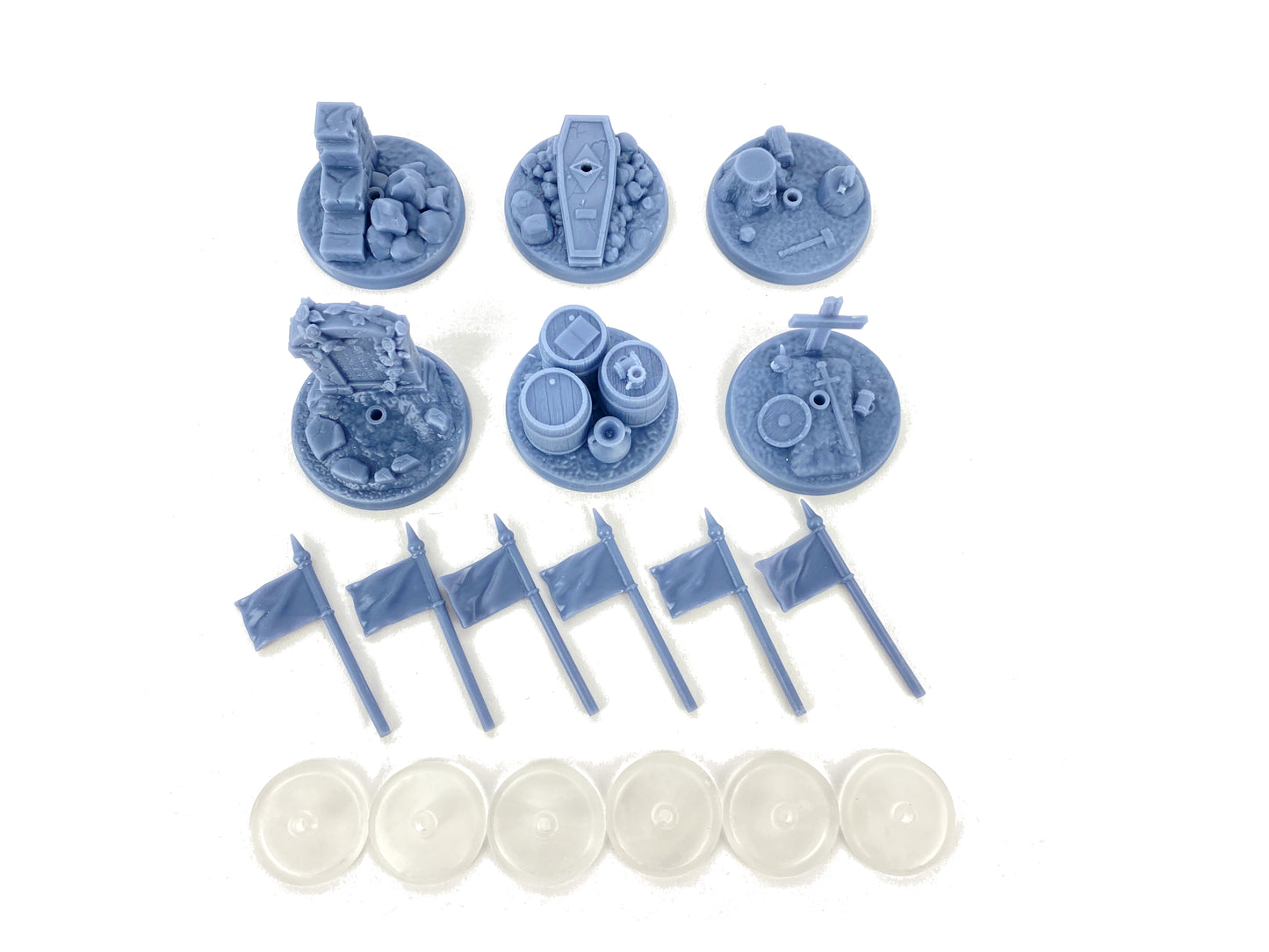 Set aus 6 Fantasy-Missionszielen, 6 Fahnen, 6 transparenten Haltern, unbemalt