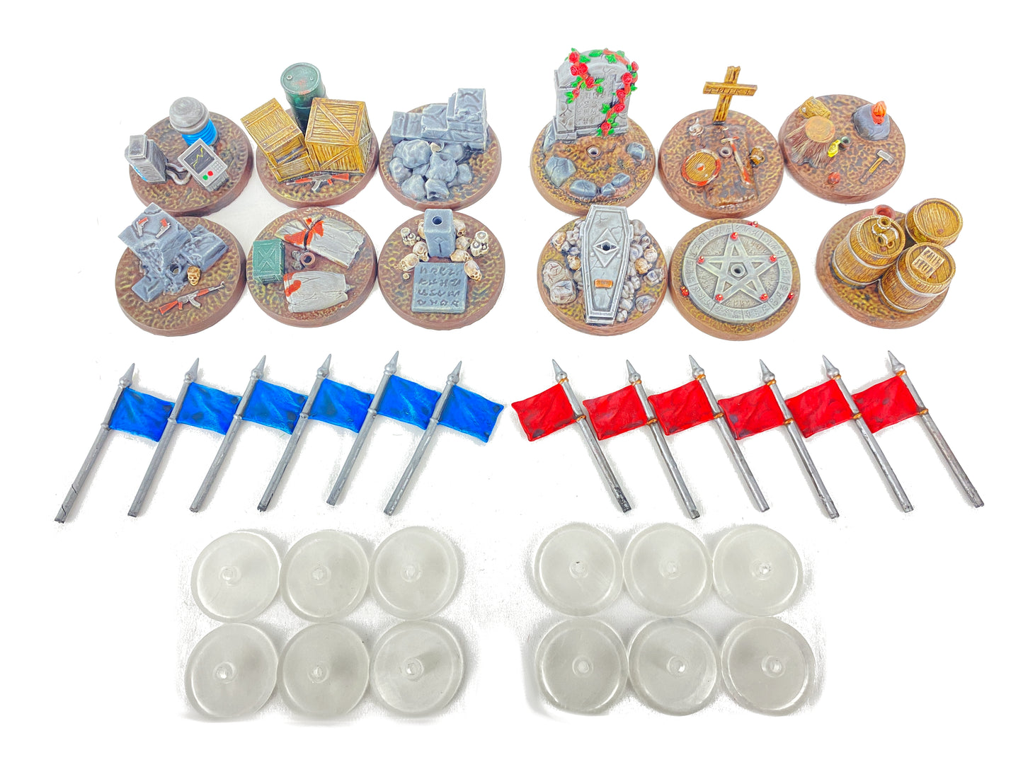 Missionsziel-Bundle Fantasy & Sci-Fi bemalt – alle enthaltenen 12 Marker, 12 Fahnen und 12 transparente Halter in voller Ansicht. Hochdetaillierte Resin-Modelle im 28 mm Maßstab, geeignet für Warhammer 40K, Age of Sigmar, Infinity und weitere Systeme. Bringt optische Highlights und taktischen Mehrwert auf jedes Tabletop-Spielfeld.