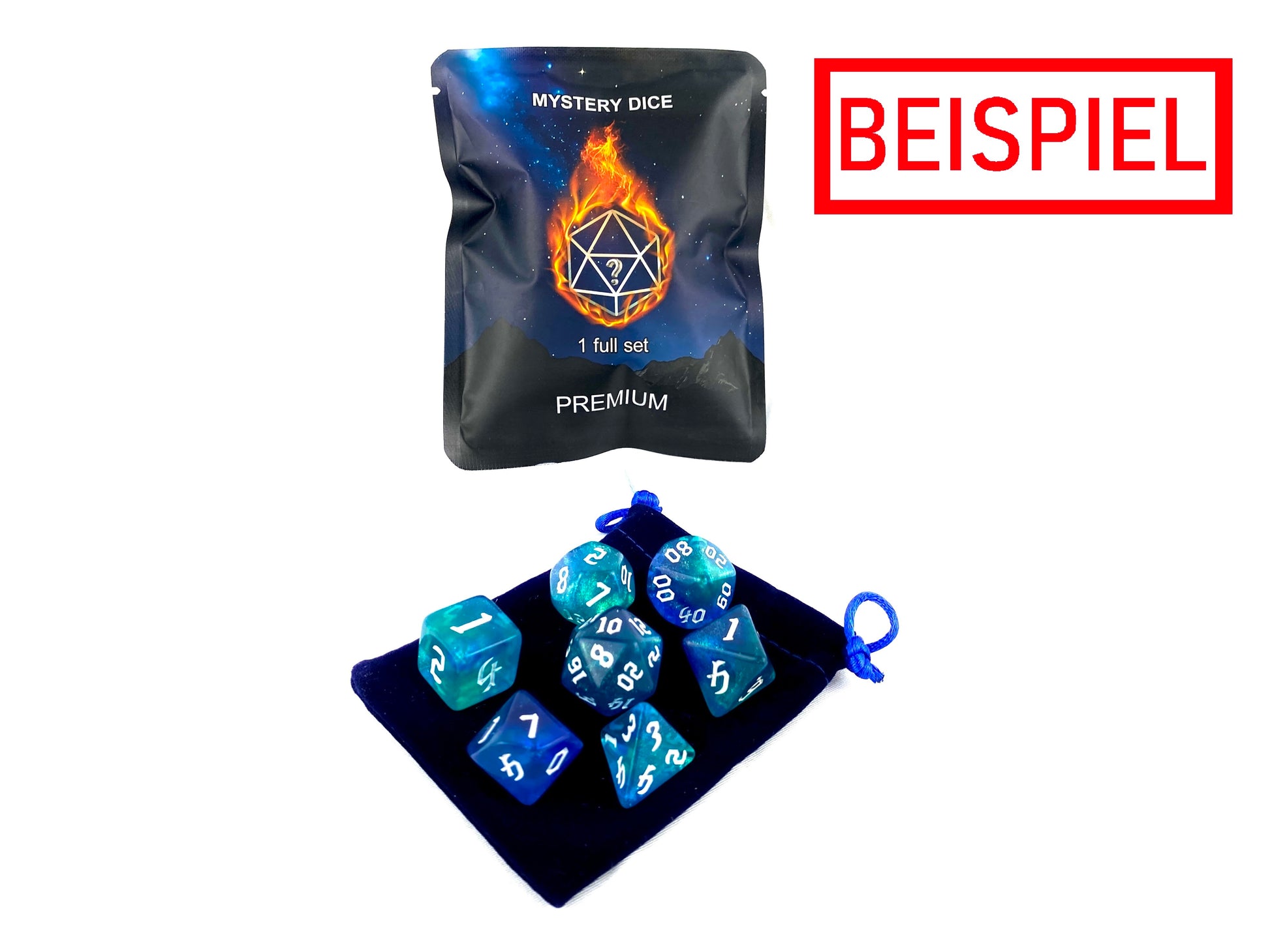 Mystery Dice Pack geöffnet – Beispielinhalt mit blauen Würfeln