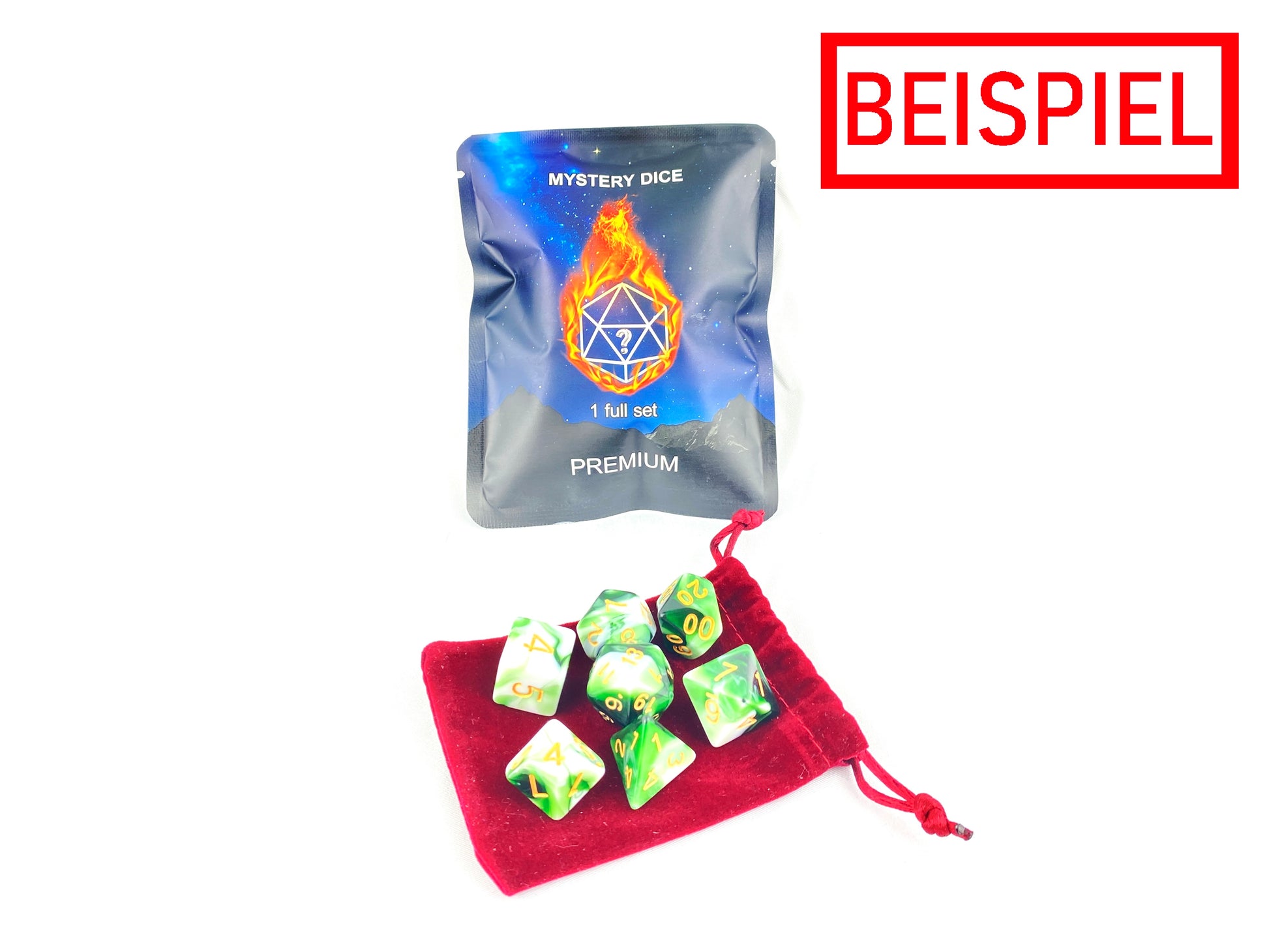 Zufälliges Beispiel-Würfelset aus dem Mystery Pack – mehrfarbiges Design