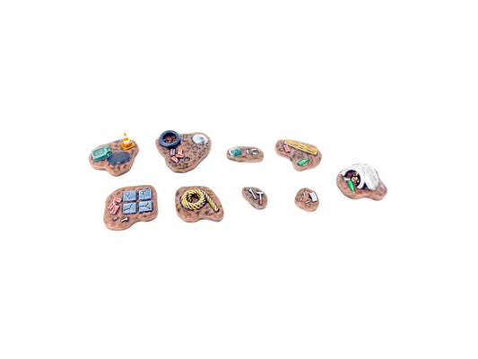 Komplettes Sci-Fi Scatter Terrain Set: Acht Resin-Bases mit dystopischen Details wie Benzinkanister, Autoreifen, Werkzeuge und Schutt – für Tabletop-Spiele im 28mm Maßstab.