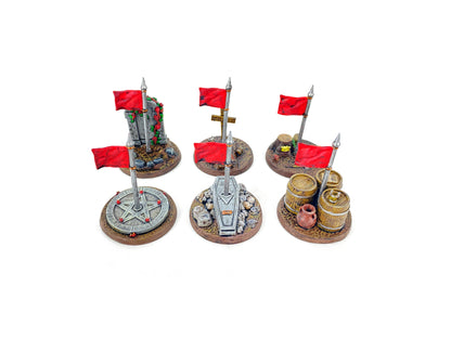 Bemaltes Fantasy-Missionsziel auf Tabletop-Spieltisch, strategische Punkte