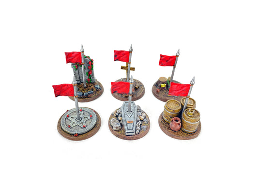 Bemaltes Fantasy-Missionsziel auf Tabletop-Spieltisch, strategische Punkte