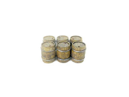 Sechs bemalte Holzfässer – Tabletop Gelände im 28-mm-Maßstab für Warhammer & Fantasy-Spiele