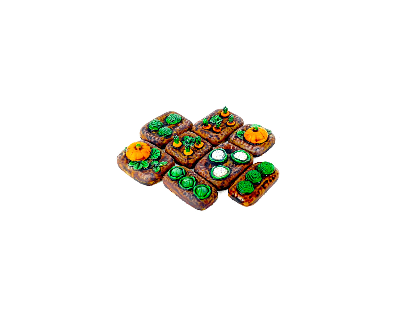 Acht modulare Gemüsefeld-Scatter-Bases, bemalt: Salat, Rüben, Kürbisse, Blumenkohl und weiteres Gemüse auf rechteckigen Resin-Bases.