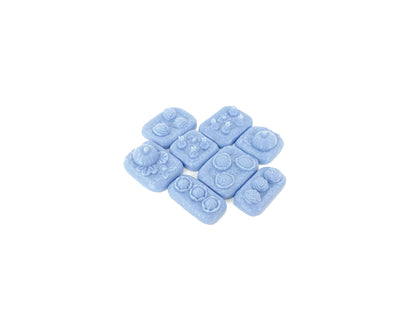 Acht unbemalte modulare Gemüsefeld-Scatter-Bases aus Resin, mit detaillierten Gemüseformen wie Kürbis, Salat, Blumenkohl und Rüben.