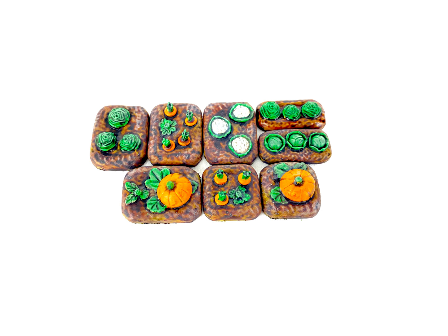 Gesamtansicht mehrerer bemalter Gemüsefeld-Scatter-Bases mit verschiedenem Gemüse wie Kürbis, Salat, Blumenkohl und Rüben, einzeln und als Feld kombinierbar