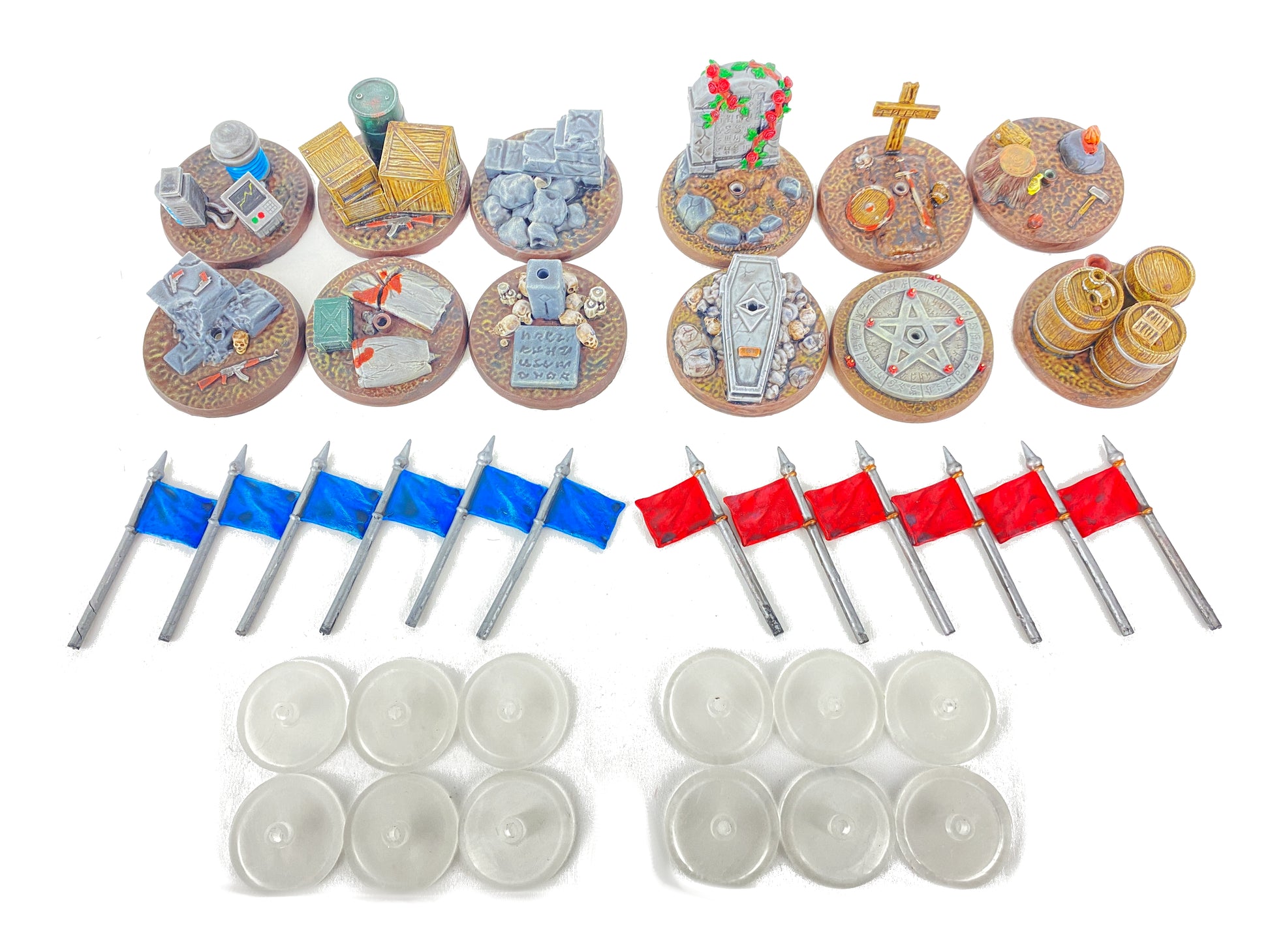 Missionsziel-Bundle Fantasy & Sci-Fi bemalt – alle enthaltenen 12 Marker, 12 Fahnen und 12 transparente Halter in voller Ansicht. Hochdetaillierte Resin-Modelle im 28 mm Maßstab, geeignet für Warhammer 40K, Age of Sigmar, Infinity und weitere Systeme. Bringt optische Highlights und taktischen Mehrwert auf jedes Tabletop-Spielfeld.