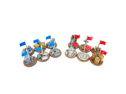 Bemalte Missionsziele Bundle Fantasy & Sci-Fi im 28 mm Maßstab – Komplett-Set mit 12 detailreichen Objective Markern, 12 Fahnen und 12 transparenten Haltern, kompatibel mit Warhammer 40K, Age of Sigmar, Infinity und Star Wars: Legion. Perfekt für Tabletop-Schlachten, handgefertigt aus hochwertigem Resin.